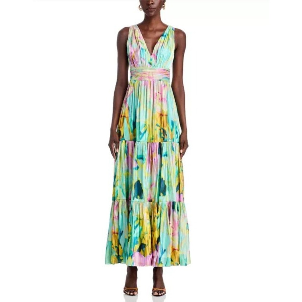 Kobi Halperin Britt Maxi Dress 8 Capri Multi Pleated Metallic Watercolor NWT